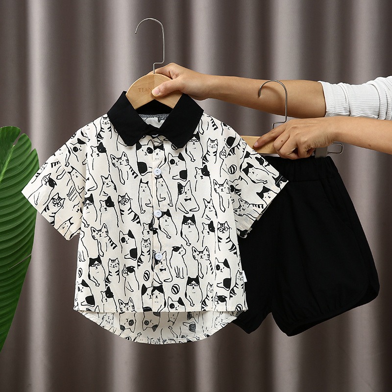 2pcs Toddler Boys All-Over Cat Print Shirt & Matching Shorts