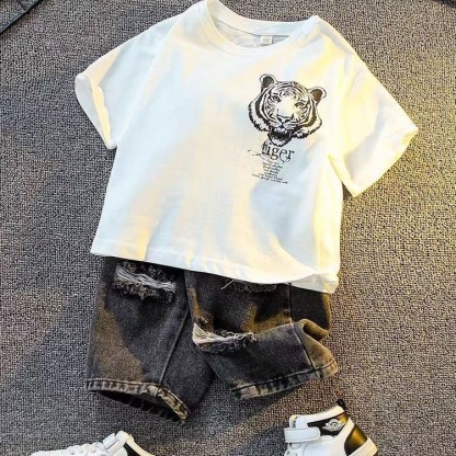 Toddler Boys Tiger Print T-Shirt Heavyweight Cotton Short Sleeve Tee