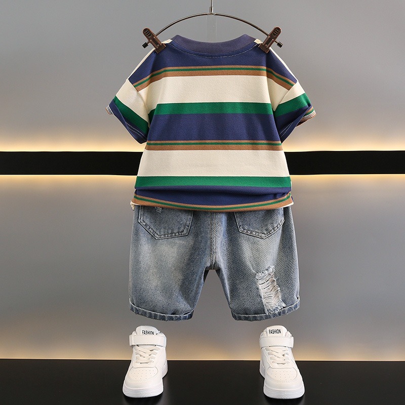 2pcs Toddler Boys Striped Tee & Distressed Jeans