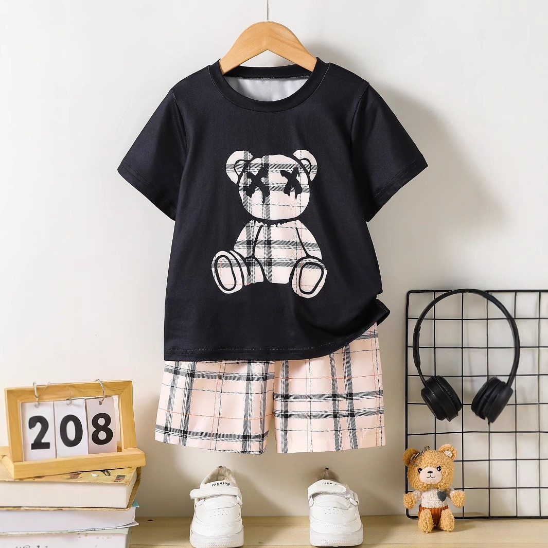 2pcs Toddler Boys Plaid Bear Print Tee & Shorts