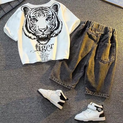 Toddler Boys Tiger Print T-Shirt Heavyweight Cotton Short Sleeve Tee