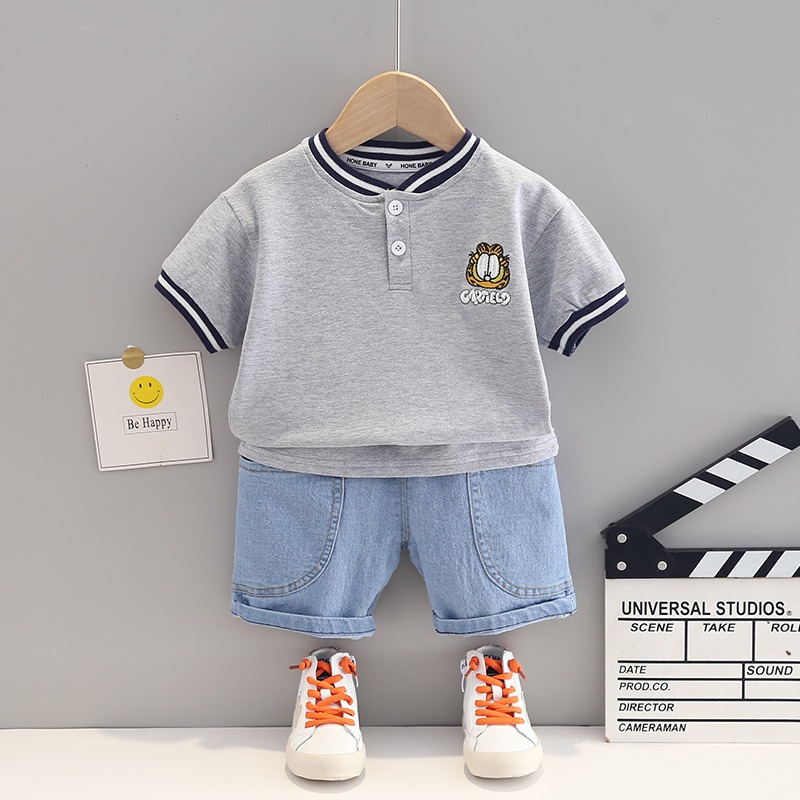 2pcs Toddler Boys Graphic Print Tee & Denim Shorts