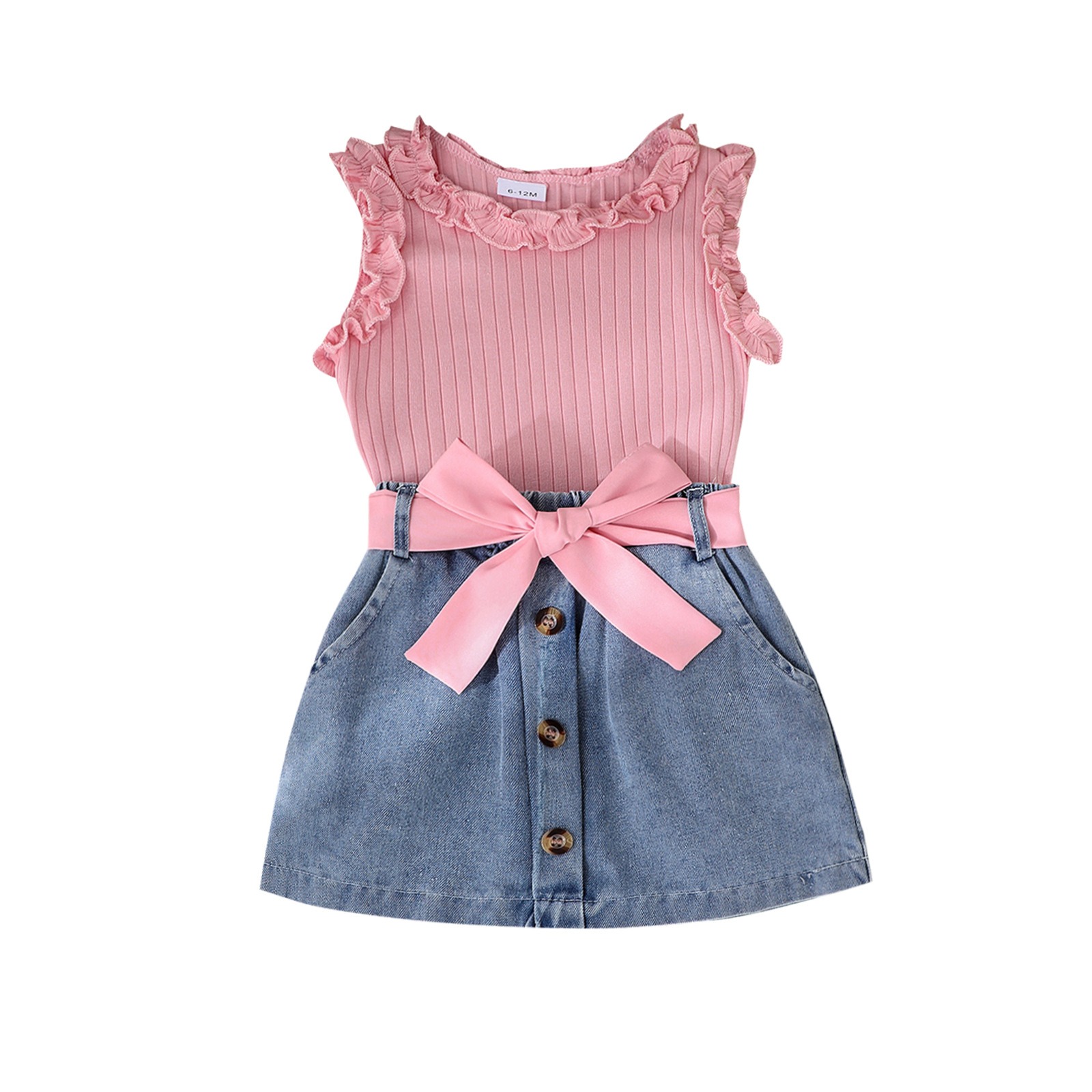 3pcs Baby Girls Ruffle Sleeveless Top And Denim Skirt