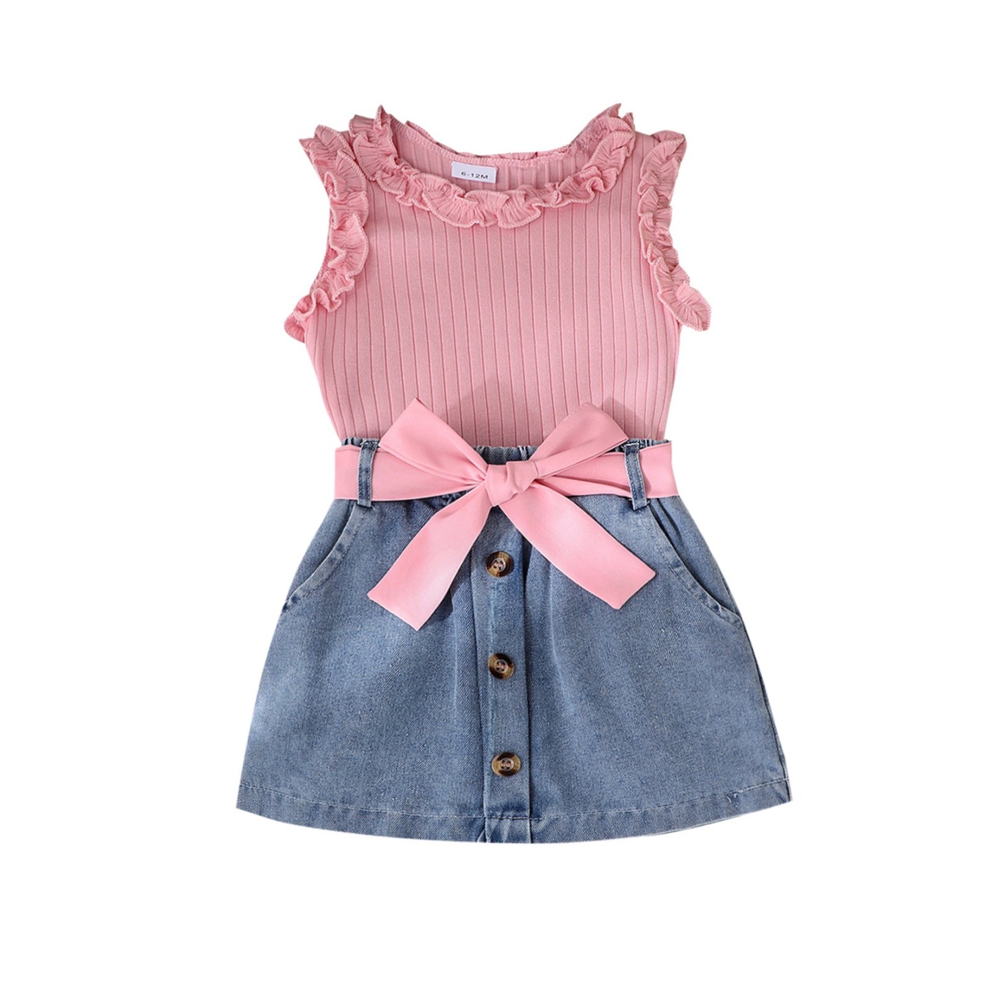 3pcs Baby Girls Ruffle Sleeveless Top And Denim Skirt