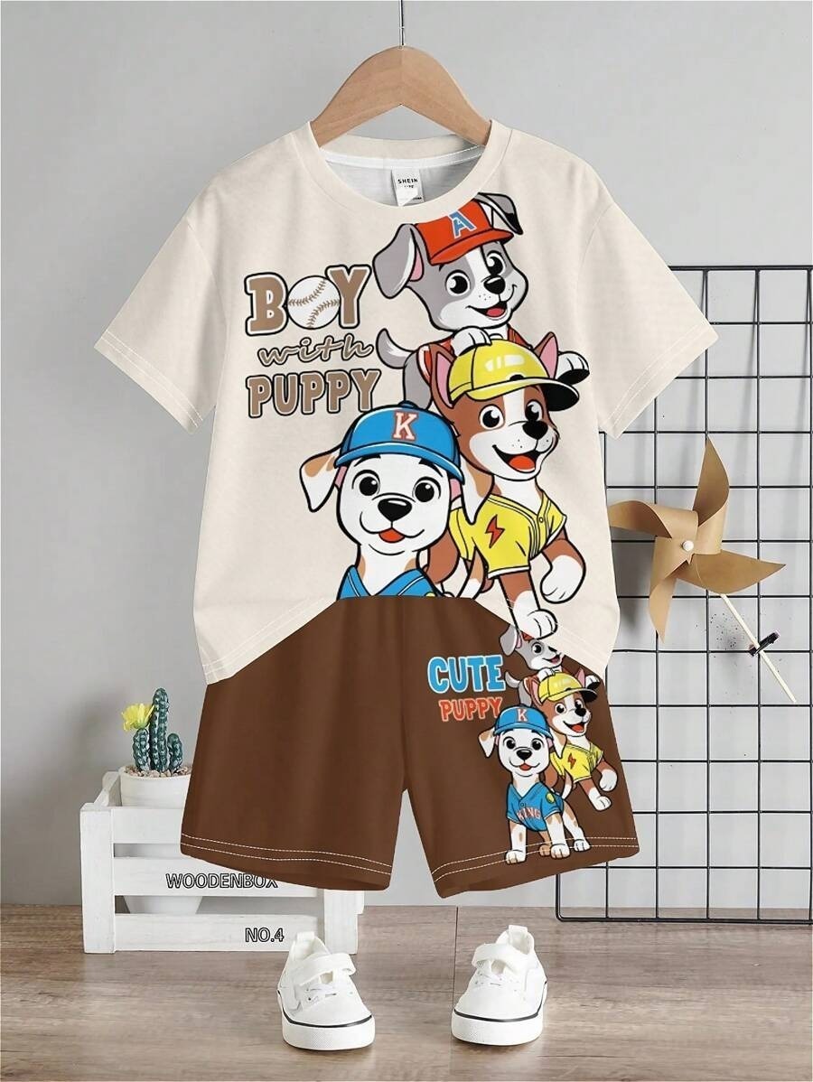 2pcs Toddler Boy Casual Cartoon Print Round Neck Short Sleeve T-Shirt & Shorts