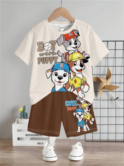 2pcs Toddler Boy Casual Cartoon Print Round Neck Short Sleeve T-Shirt & Shorts