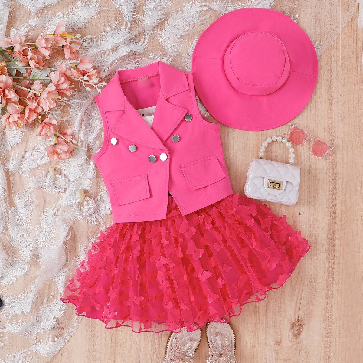 4pcs Toddler Girls Notched Lapel Blazer And Bow Tulle Skirt Outfit