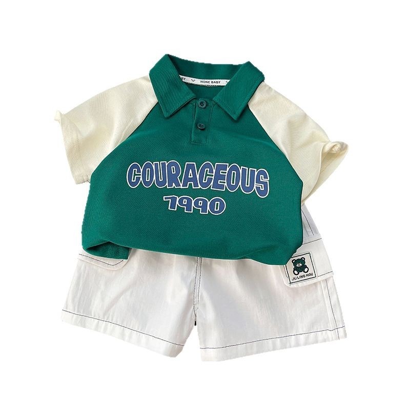 2pcs Toddler Boys Letter Print Colorblock Pullover Polo & Shorts