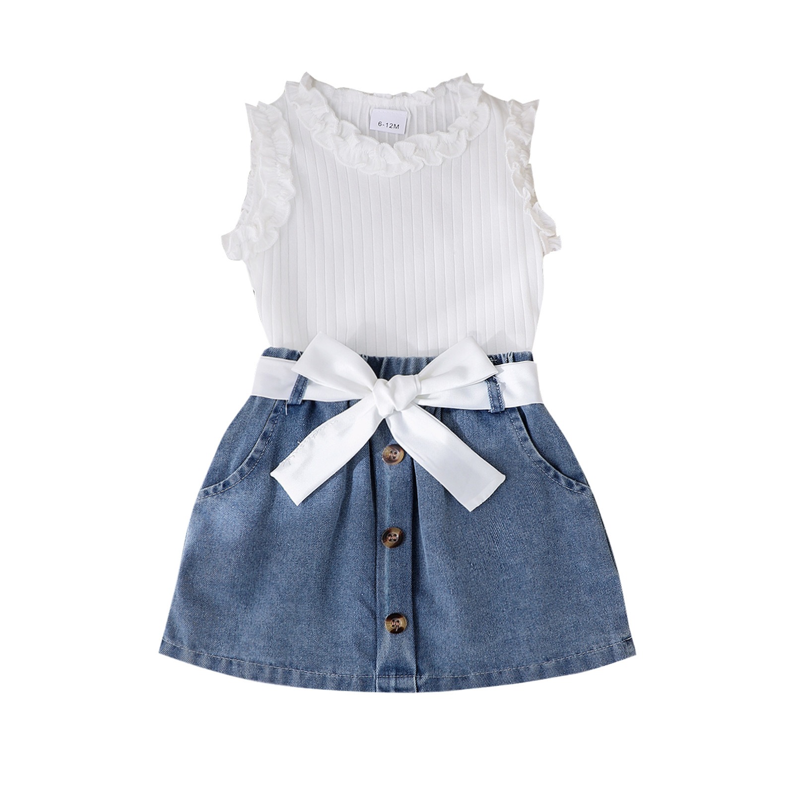 3pcs Baby Girls Ruffle Sleeveless Top And Denim Skirt