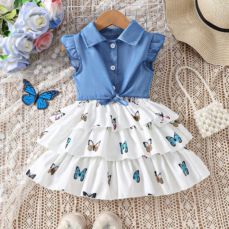 2pcs Baby Girls All-Over Butterfly Print Tiered Dress Outfit