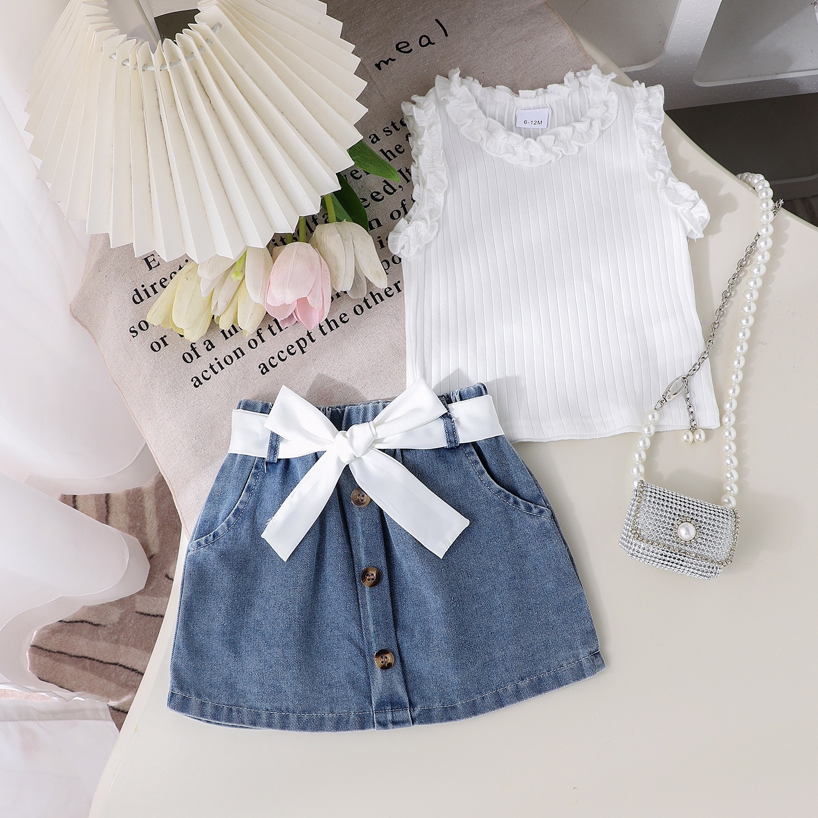 3pcs Baby Girls Ruffle Sleeveless Top And Denim Skirt