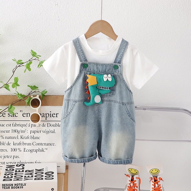2pcs Toddler Boys Short Sleeve Tee & Doll Denim Overalls