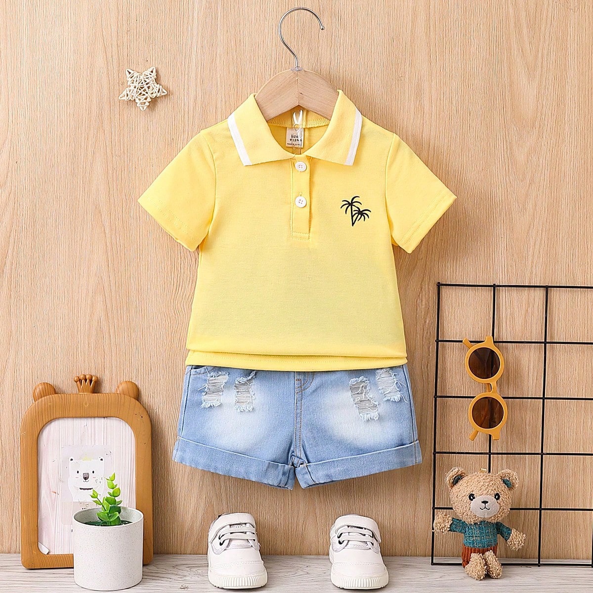 2pcs Toddler Boys Lemon Yellow Collared Short Sleeve Shirt & Distressed Denim Shorts