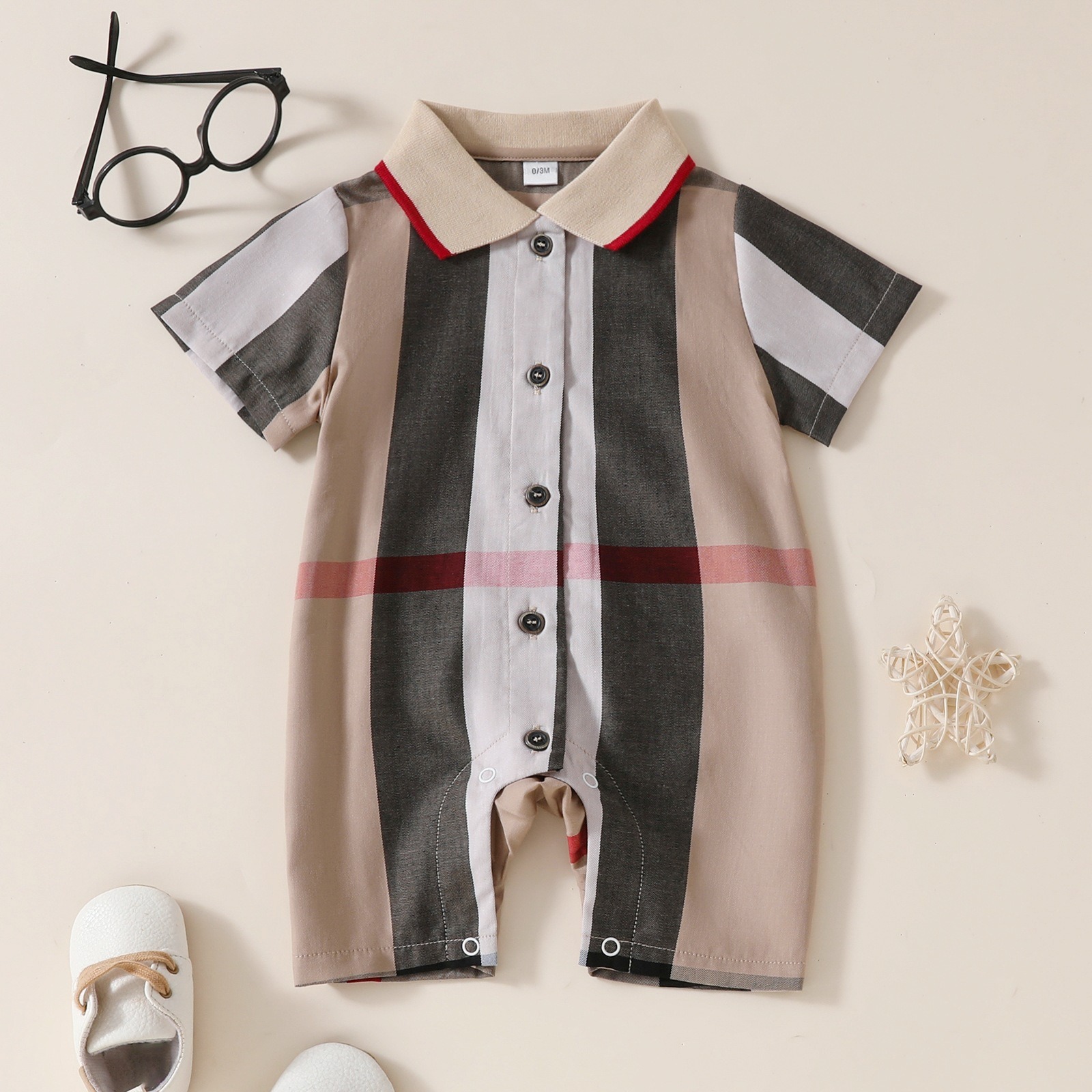 Baby Boy Cotton Short-Sleeve Lapel Jumpsuits