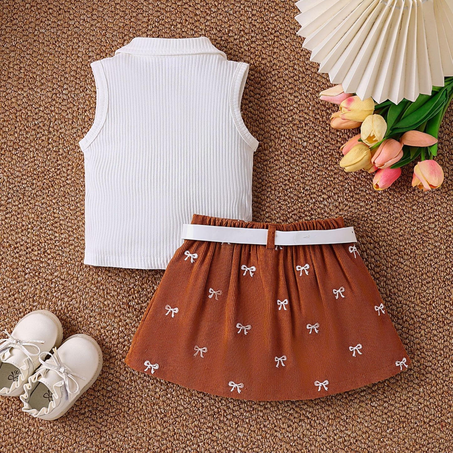 2pcs Toddler Girls White Ribbed Top And Printed Mini Skirt
