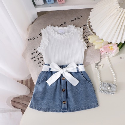 3pcs Baby Girls Ruffle Sleeveless Top And Denim Skirt