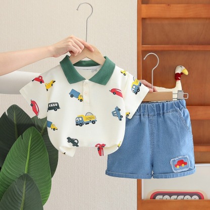 2pcs Toddler Boys Colorful Car Print Polo Shirt & Matching Shorts