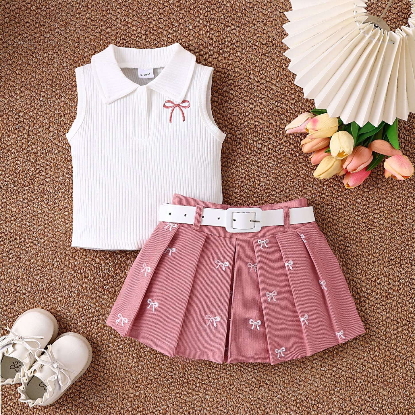 2pcs Toddler Girls White Ribbed Top And Printed Mini Skirt