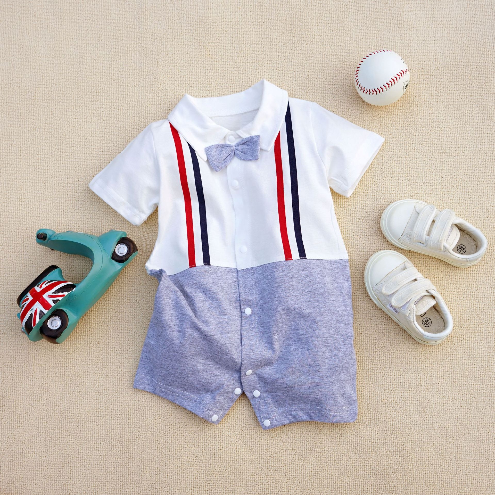 Baby Boy Red & Blue Striped Suspenders Jumpsuits