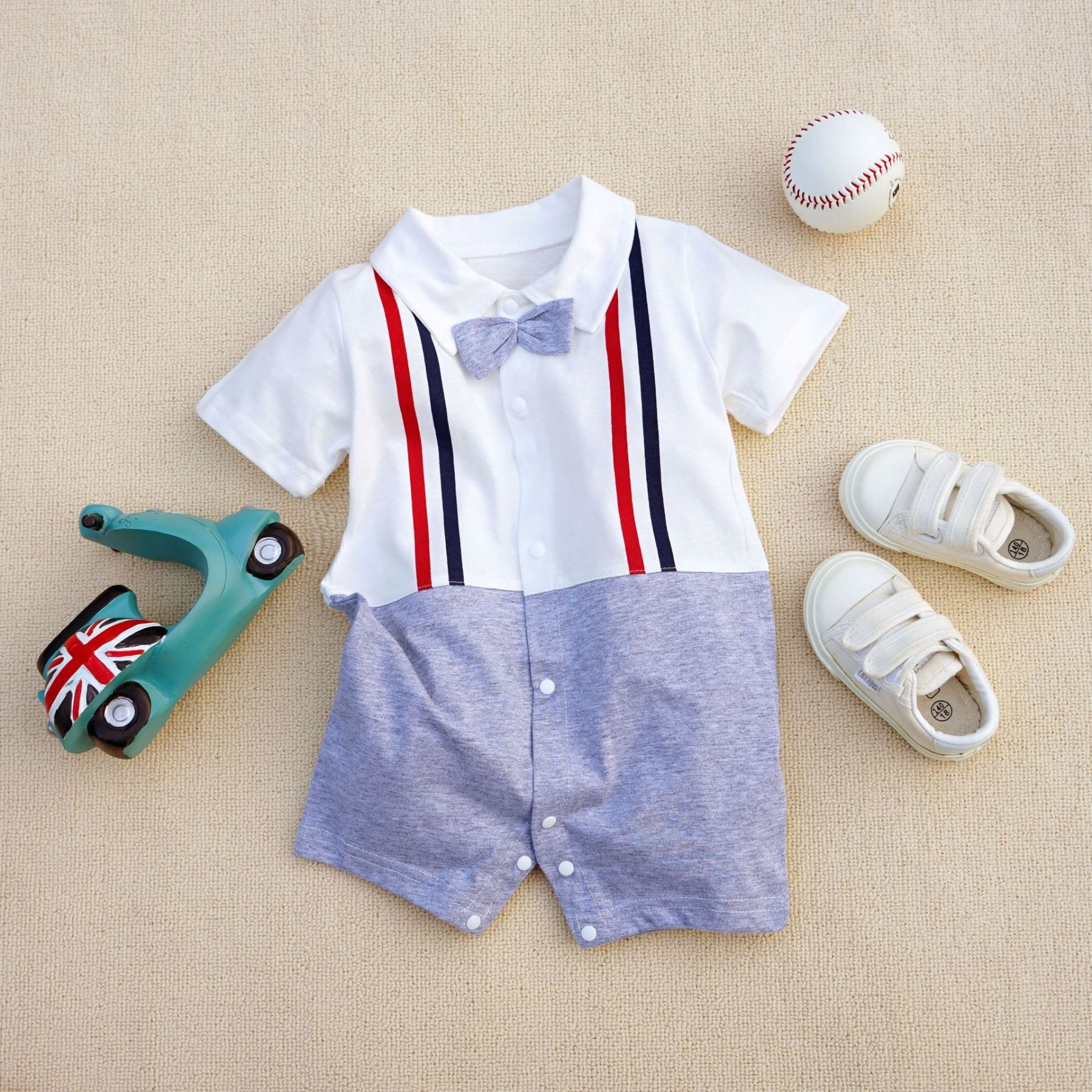 Baby Boy Red & Blue Striped Suspenders Jumpsuits