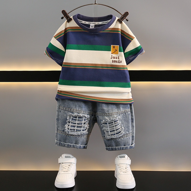 2pcs Toddler Boys Striped Tee & Distressed Jeans