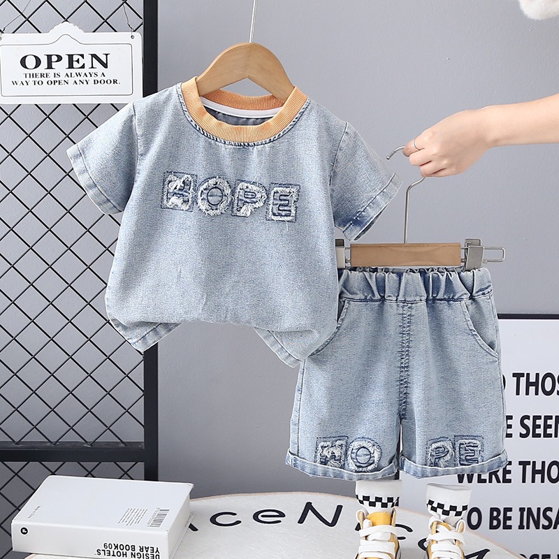 2pcs Toddler Boys Denim Short-Sleeve Shirt & Jean Shorts