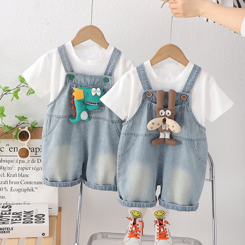 2pcs Toddler Boys Short Sleeve Tee & Doll Denim Overalls