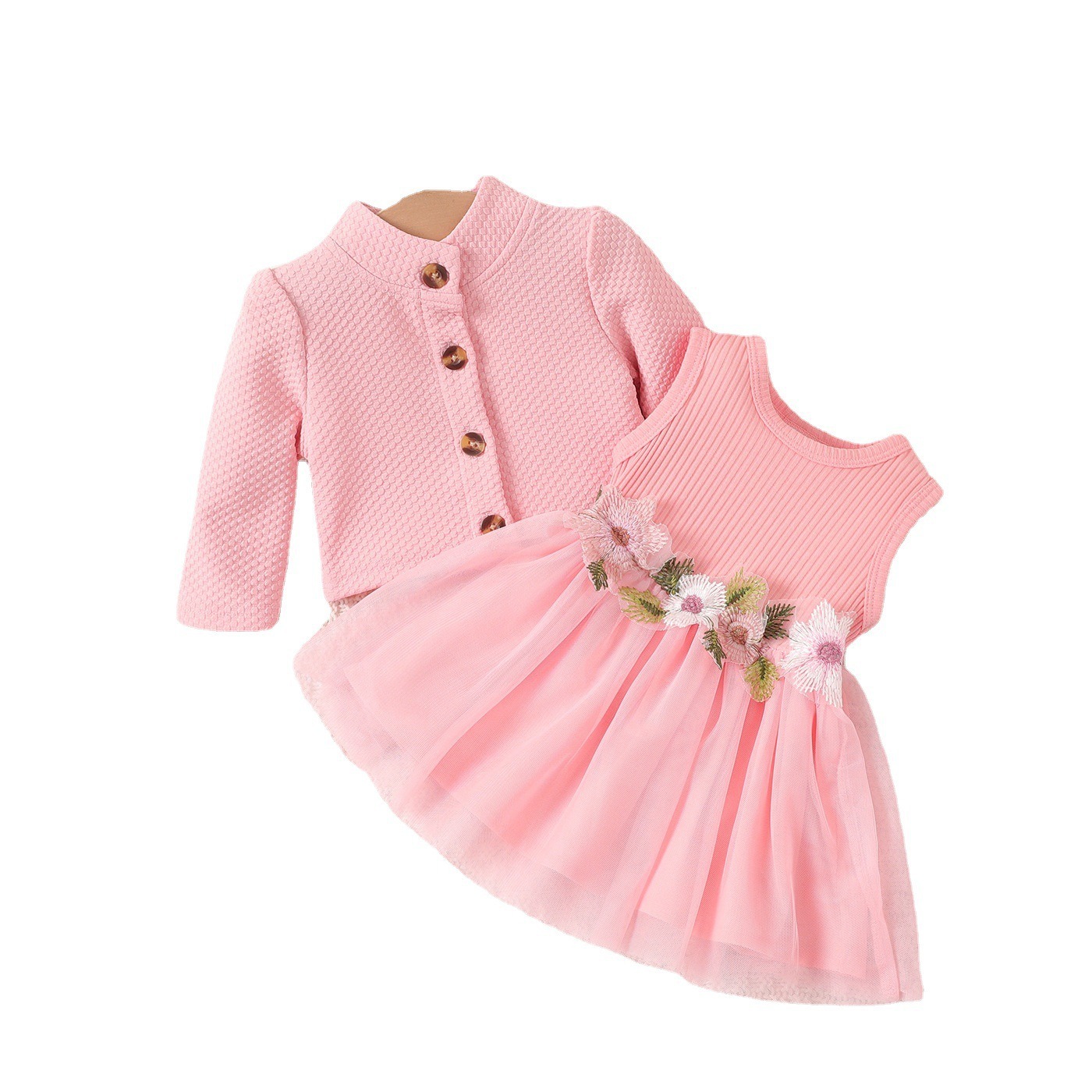 2pcs Baby Girls Tulle Dress With Long-Sleeve Cardigan