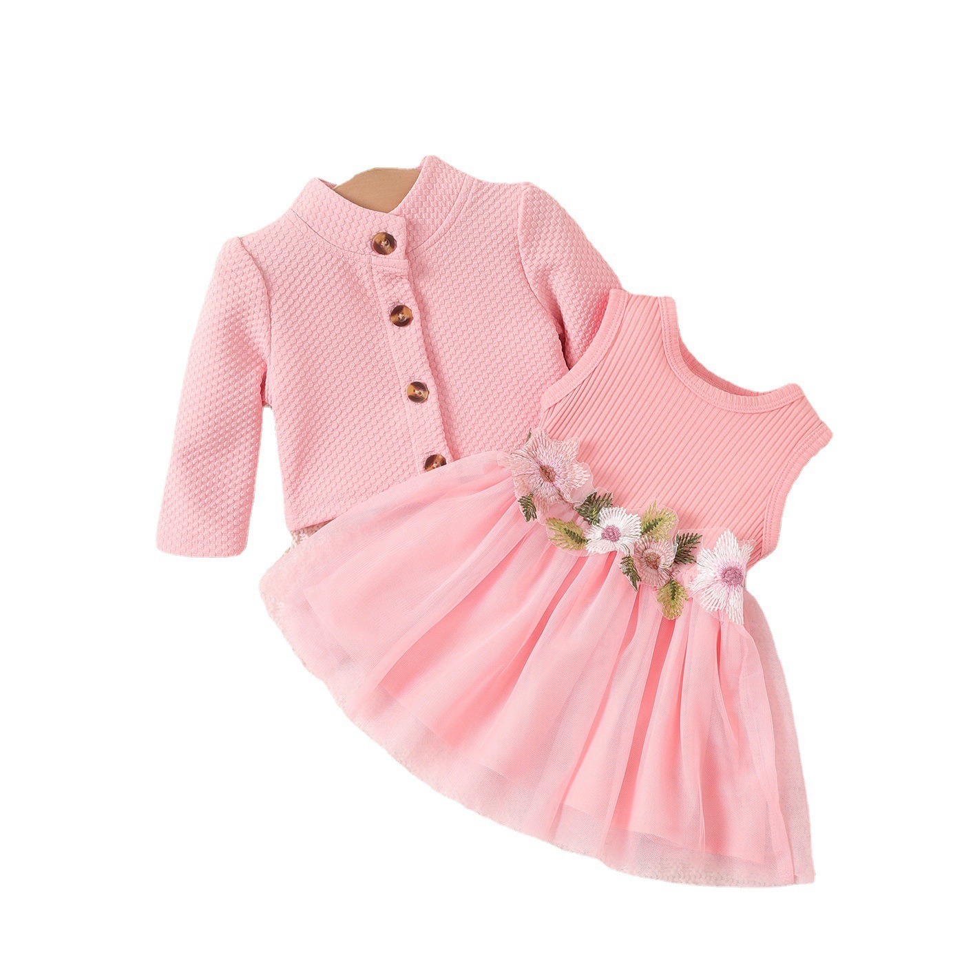 2pcs Baby Girls Tulle Dress With Long-Sleeve Cardigan