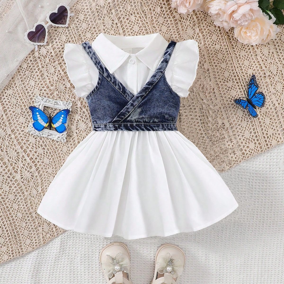 2pcs Baby Girls White Dress And Denim Vest Outfit