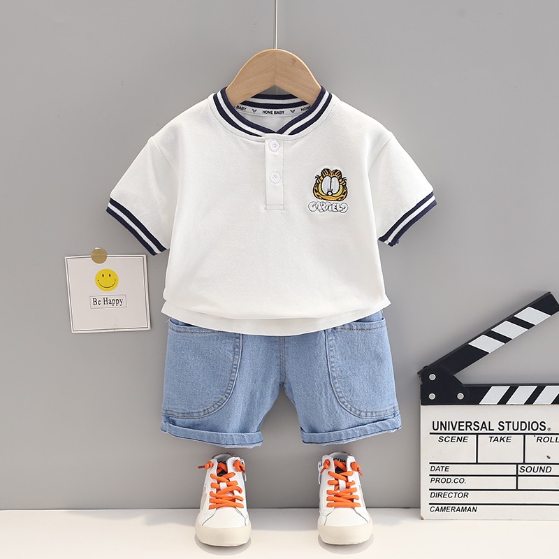 2pcs Toddler Boys Graphic Print Tee & Denim Shorts