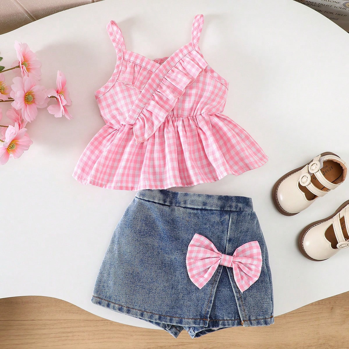 2pcs Baby Girls Pink Seersucker Strappy Outfit