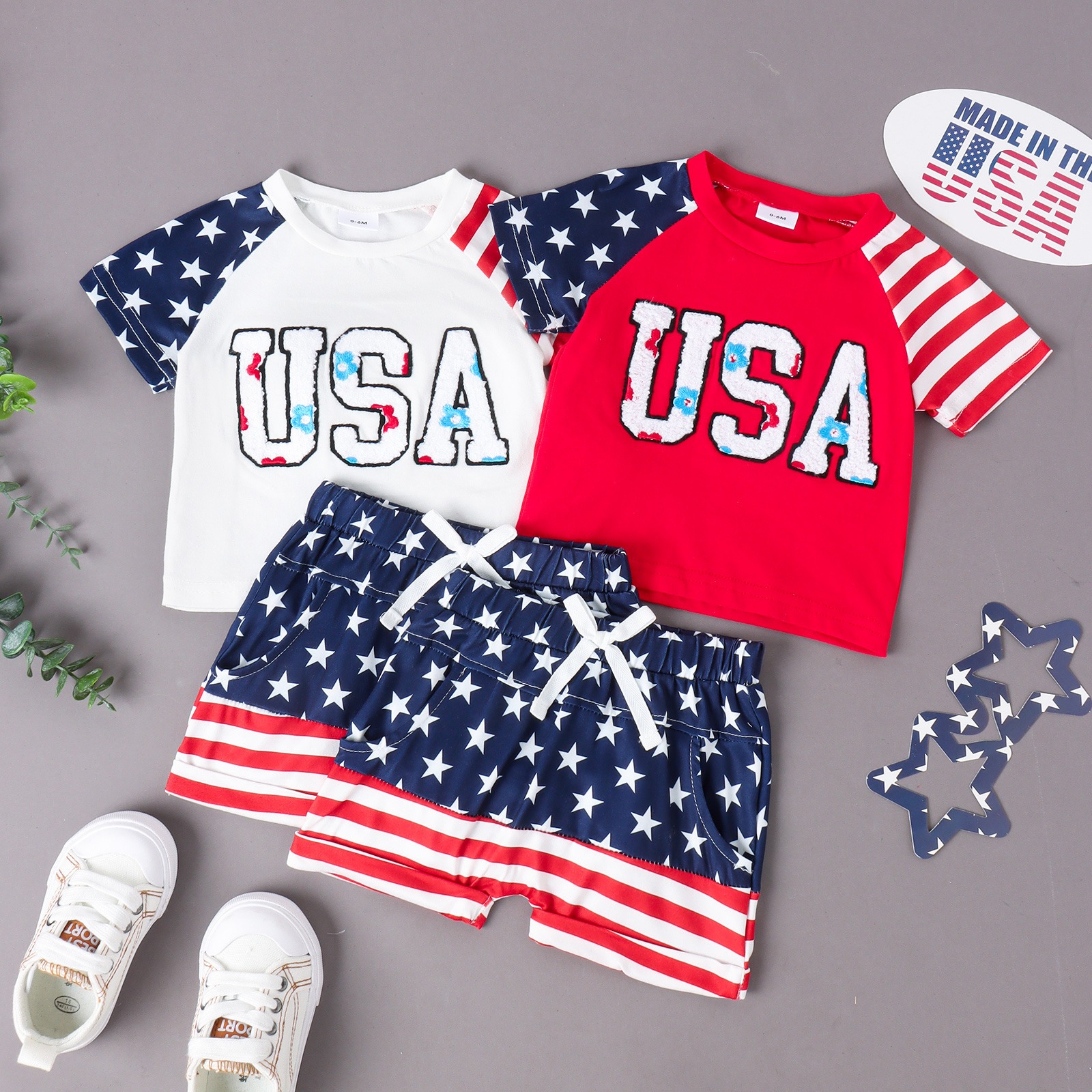 2pcs Toddler Boys USA Print Top & Stars Shorts