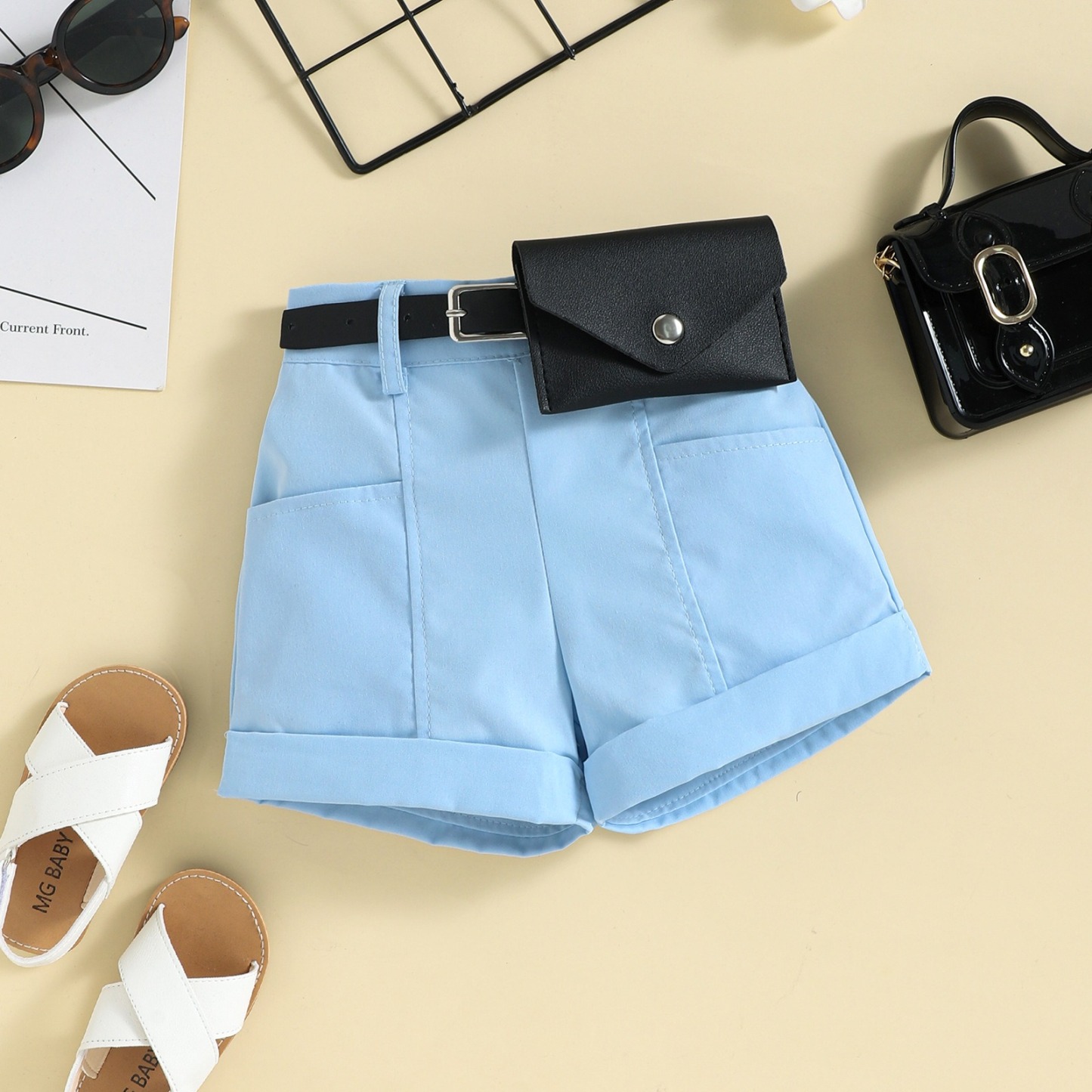 3pcs Toddler Girls Halter Neck Top & Shorts With Waist Bag