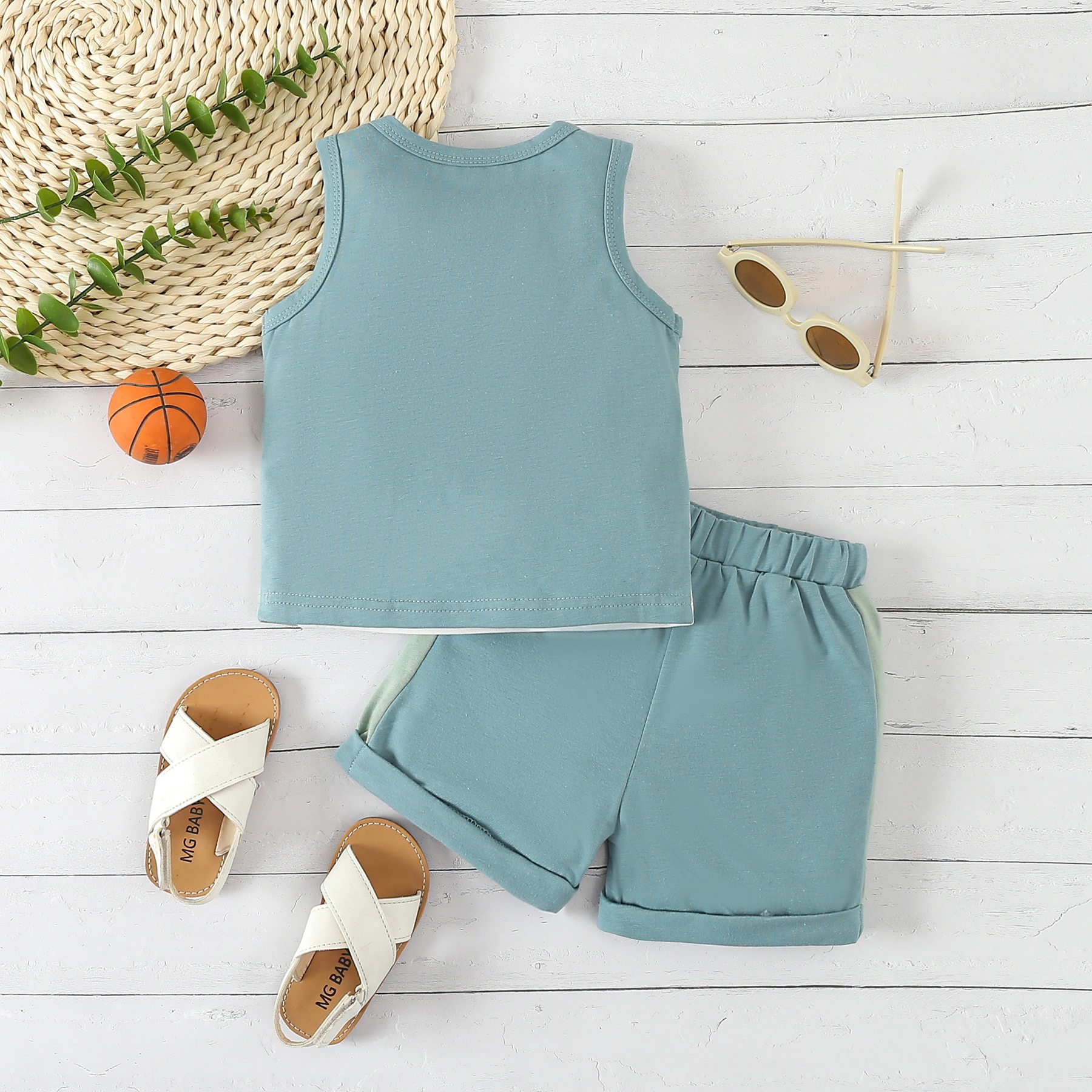 2pcs Toddler Boys Sleeveless Patchwork Top & Swim Trunks