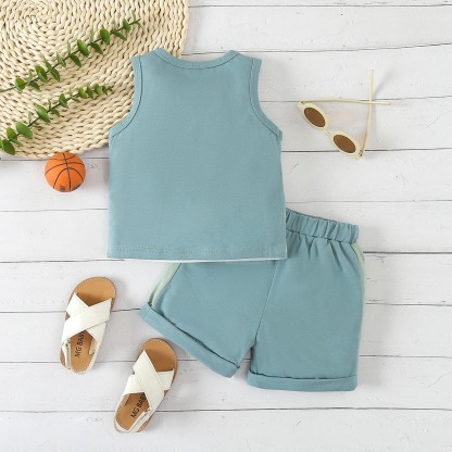 2pcs Toddler Boys Sleeveless Patchwork Top & Swim Trunks