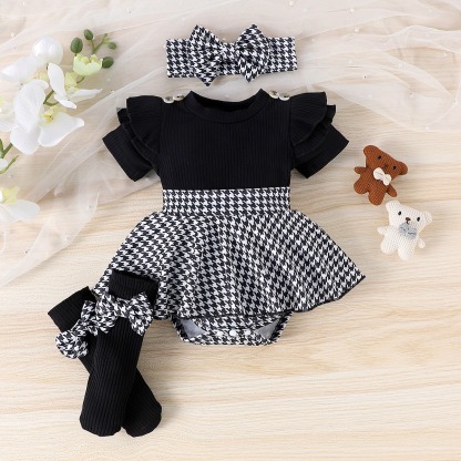 3pcs Baby Girls Plaid Onesies Set