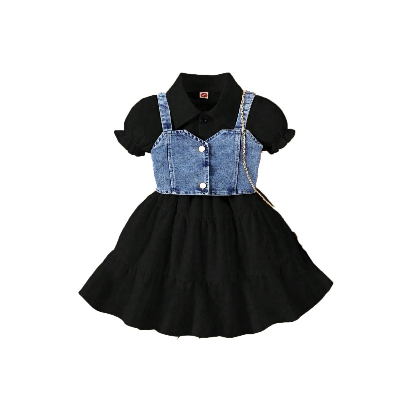 2pcs Toddler Girls Puff-Sleeve Dress With Denim Jumper