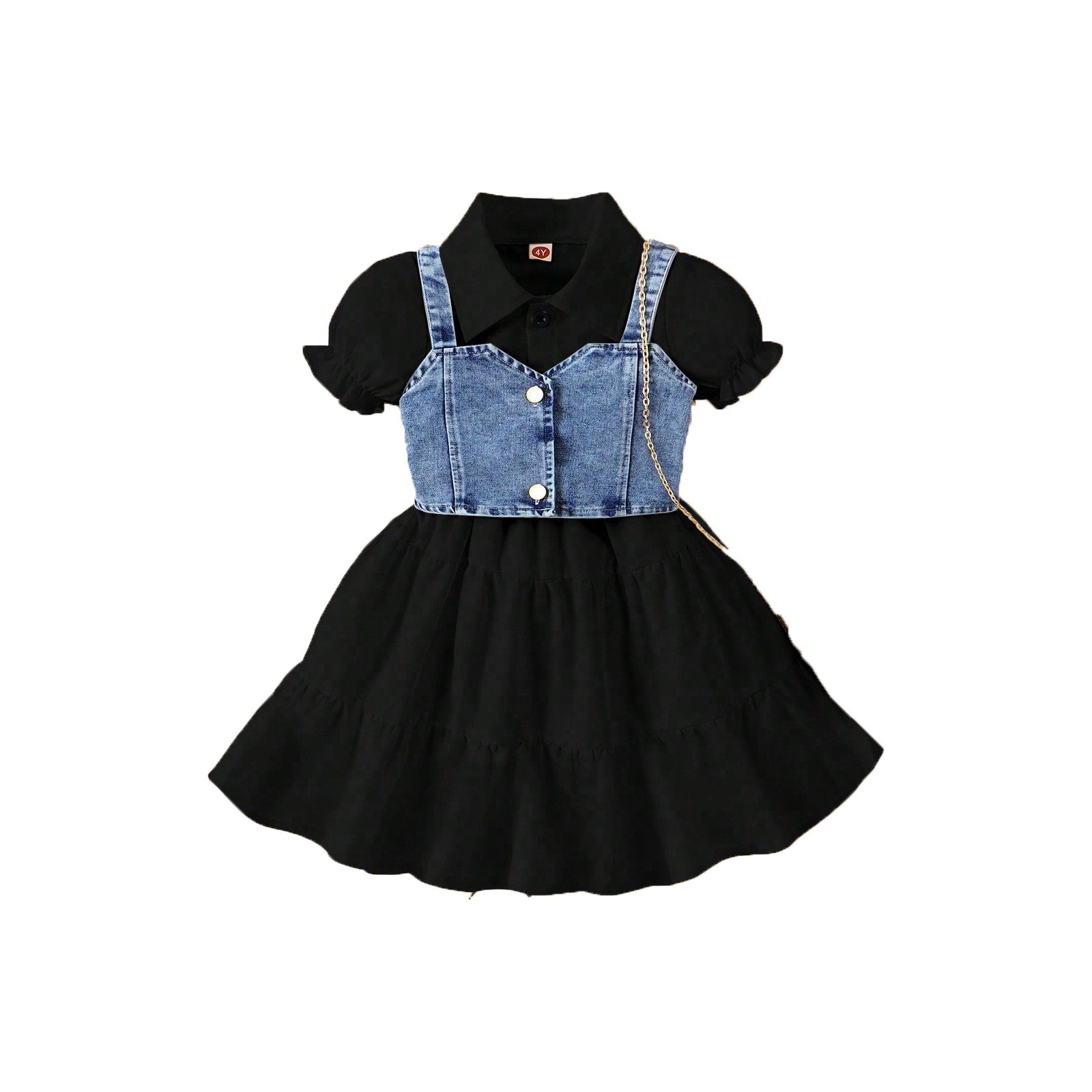 2pcs Toddler Girls Puff-Sleeve Dress With Denim Jumper