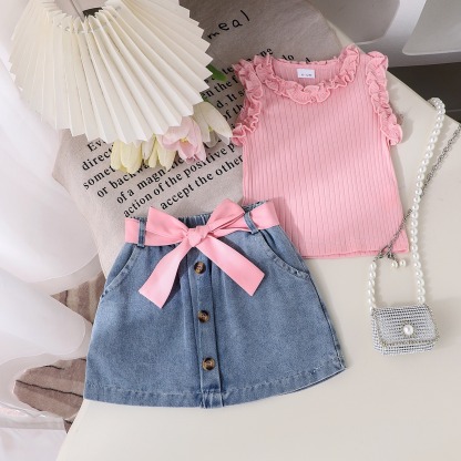 3pcs Baby Girls Ruffle Sleeveless Top And Denim Skirt