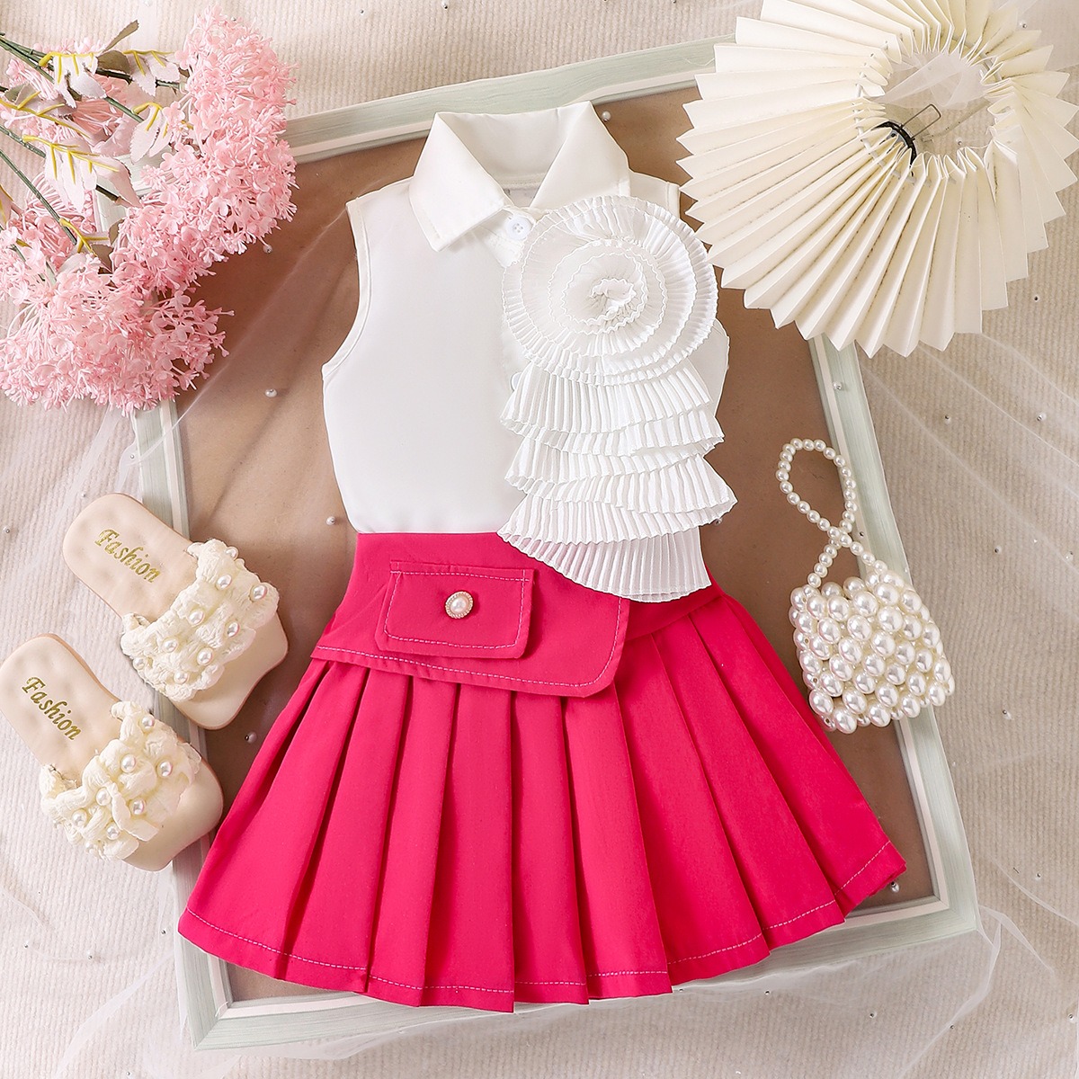 2pcs Baby Girls Sleeveless Blouse And Pleated Skirt