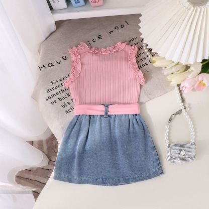 3pcs Baby Girls Ruffle Sleeveless Top And Denim Skirt
