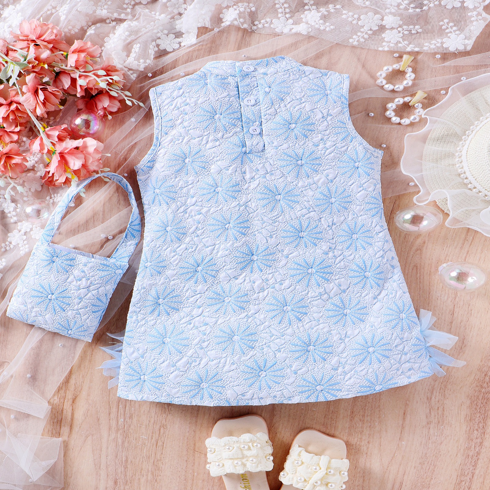 2pcs Toddler Girls Pearl-Accented Sleeveless Top & Tiered Ruffle Shorts