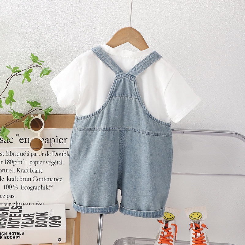 2pcs Toddler Boys Short Sleeve Tee & Doll Denim Overalls