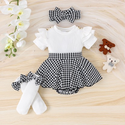 3pcs Baby Girls Plaid Onesies Set