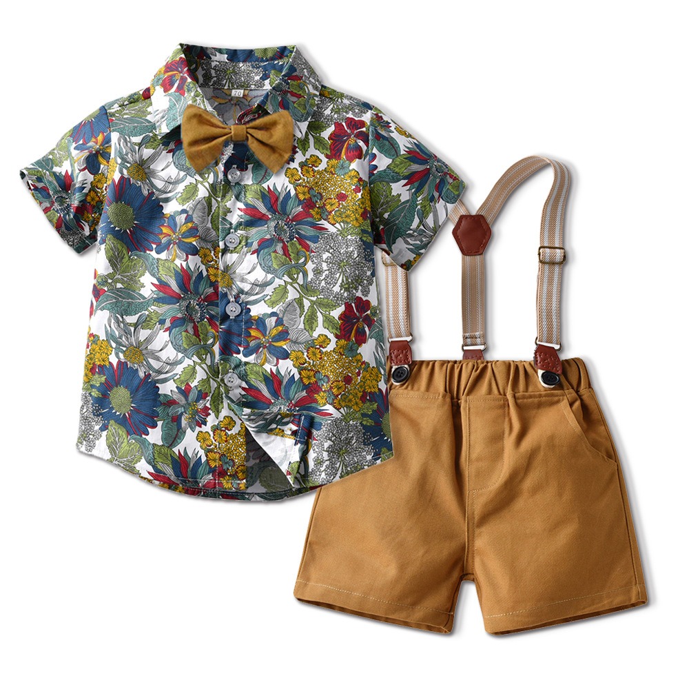2pcs Toddler Boys Country Style Bow Tie Shirt & Tailored Shorts