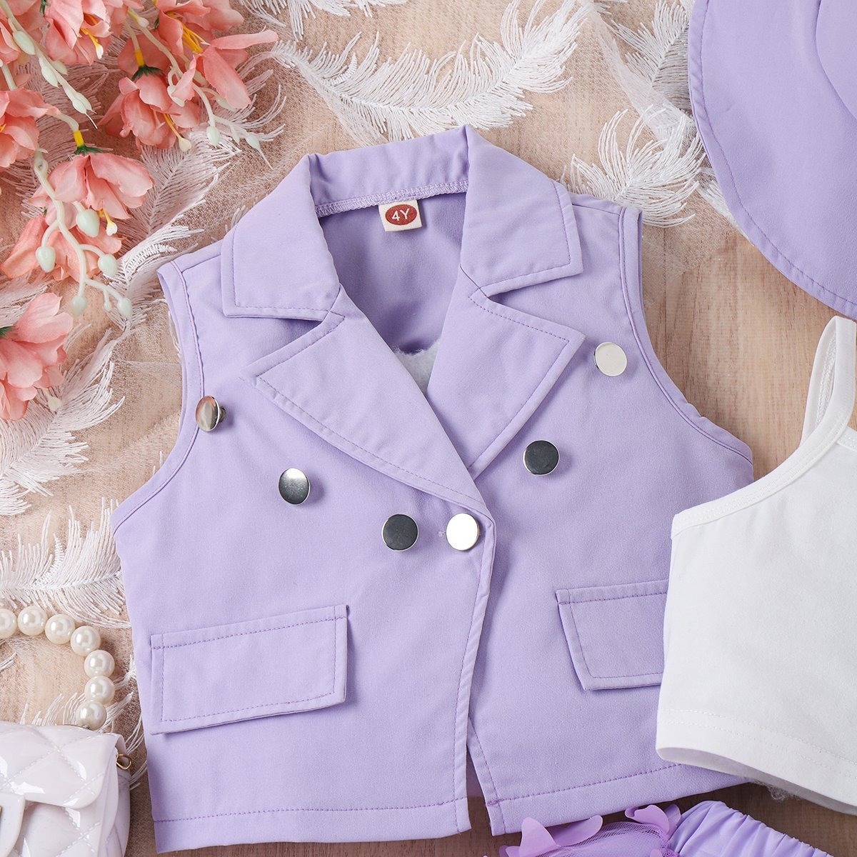 4pcs Toddler Girls Notched Lapel Blazer And Bow Tulle Skirt Outfit