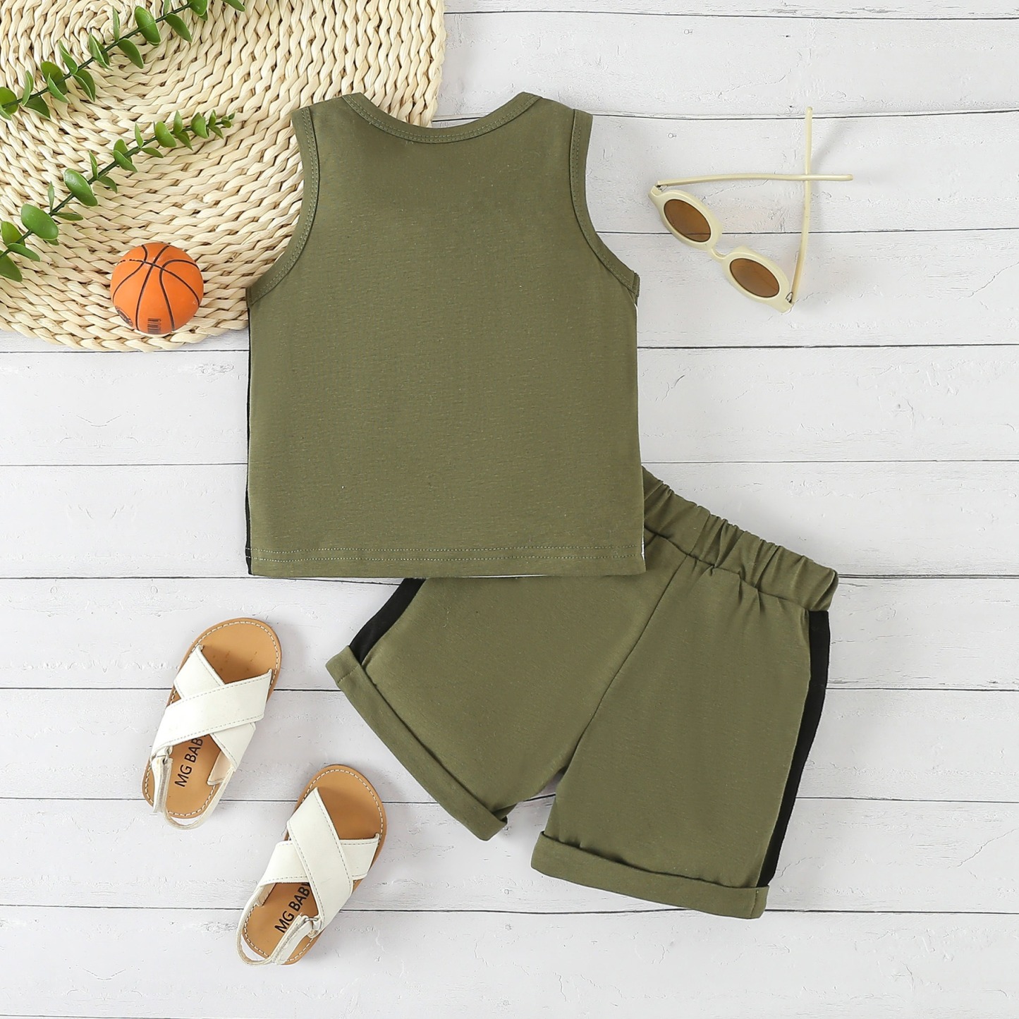 2pcs Toddler Boys Sleeveless Patchwork Top & Swim Trunks