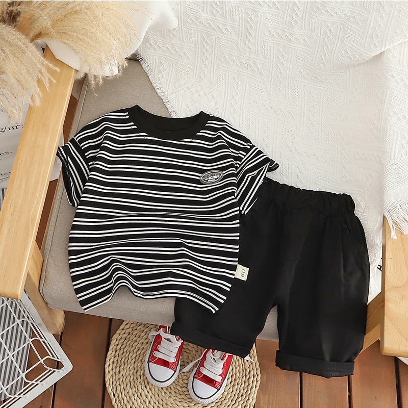 2pcs Toddler Boys Black/Grey Striped Top & Training Shorts