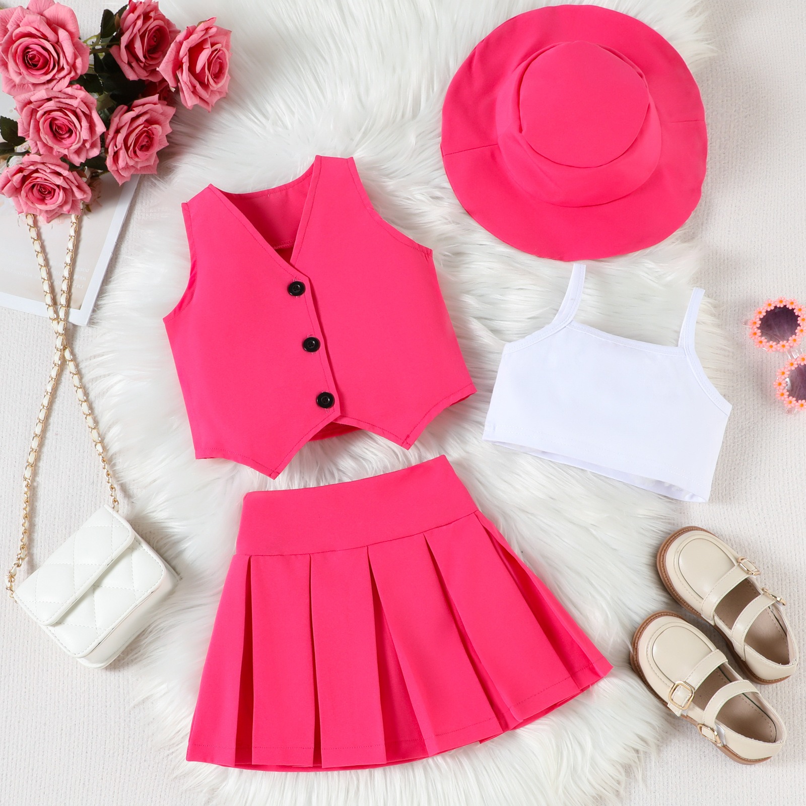 4psc Toddler Girls V-Neck Button Vest & Sleeveless Top & Pleated Skirt & Hat